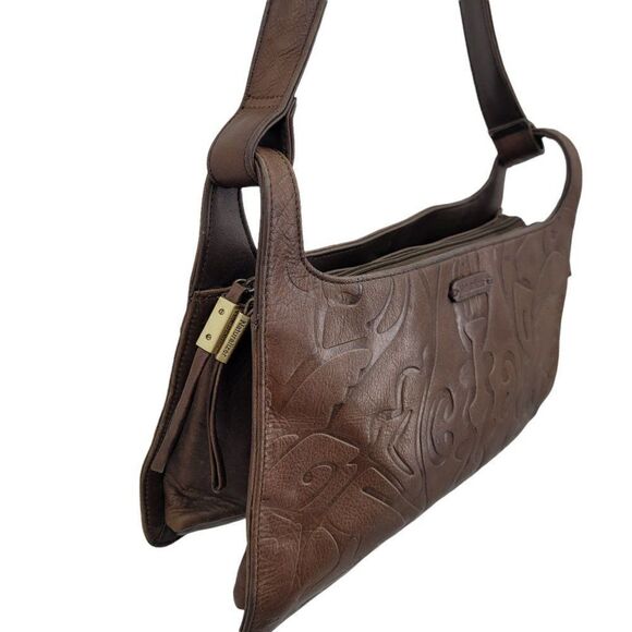 Naturalizer Handbag Leather Artsy Embossed Tiki Shoulder Bag Brown 4 Pocket Med - Picture 8 of 12